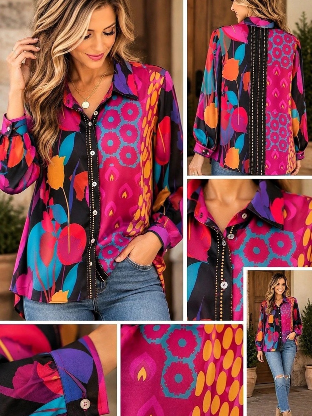 Soft Surroundings Floral Print Mix Button-Front Tunic 100% silk Button Down in m
